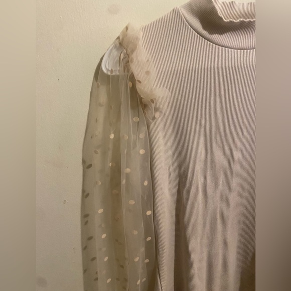 Women's  Turtle Neck Polka Dot Sheer Mesh Puff Long Sleeve Bodysuit Blouses - Picture 4 of 7